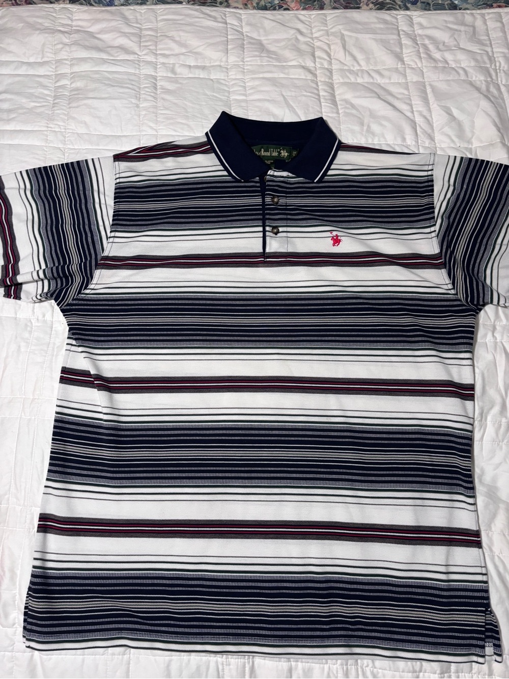 Striped Short-Sleeve Polo with Contrast Collar - Navy, White & Burgundy